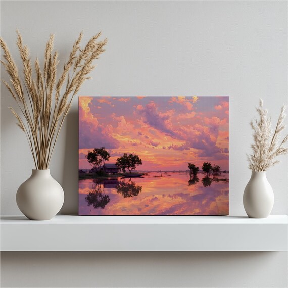 Pink Sunset Over Calm Lake With Stilt House Reflection Poster