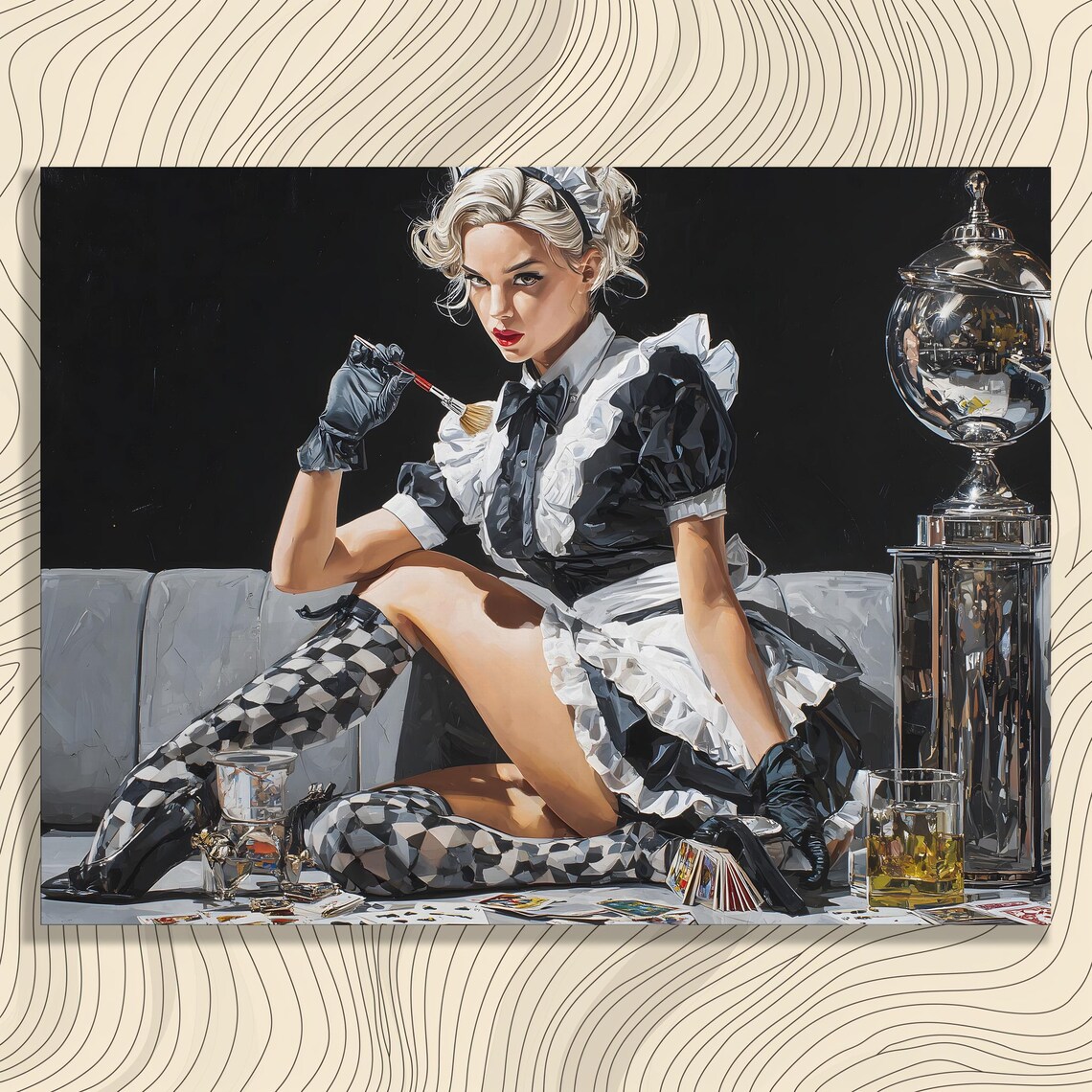 French Maid Pinup Glamour Painting Canvas Wall Art Retro Style
