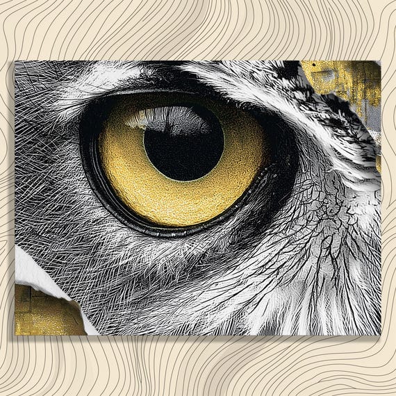 Striking Owl Canvas Wall Art Gold Accent Print Wildlife Illustration Nature Decor Feather Detail Animal Eye Monochrome Bird Poster
