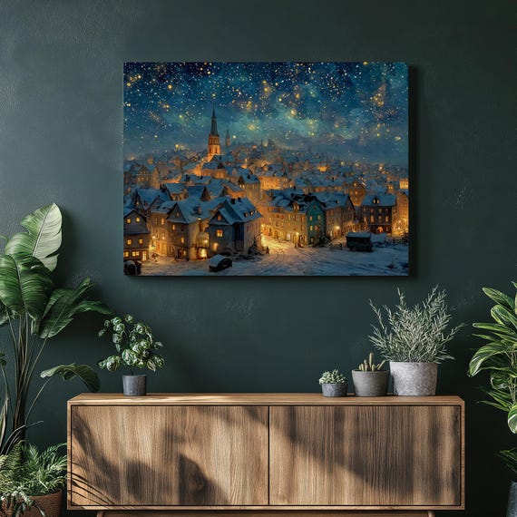 Colorful Winter Village Canvas Wall Art Snowy Night Sky Glowing Lights Holiday Landscape Painting Starry Print Giclee