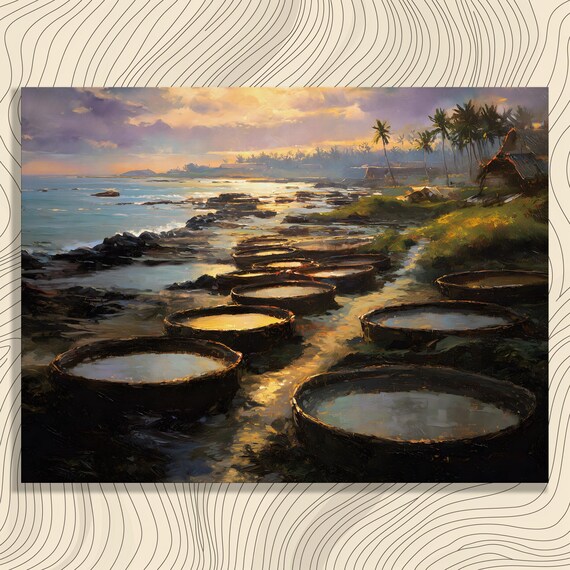 Round Basket Boats Rocky Coast Sunset Seascape Painting Poster