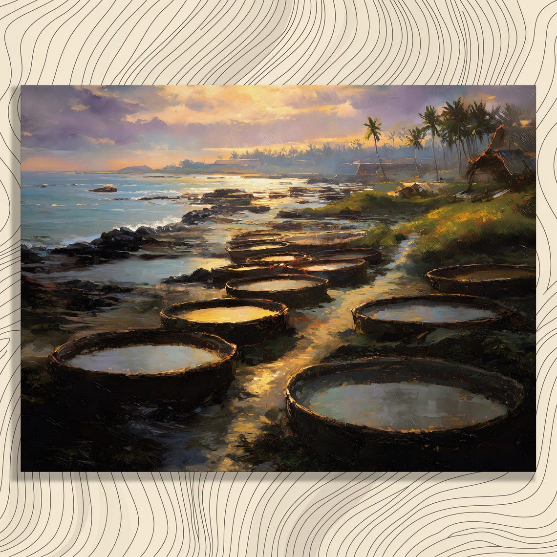 Round Basket Boats Rocky Coast Sunset Seascape Painting Poster