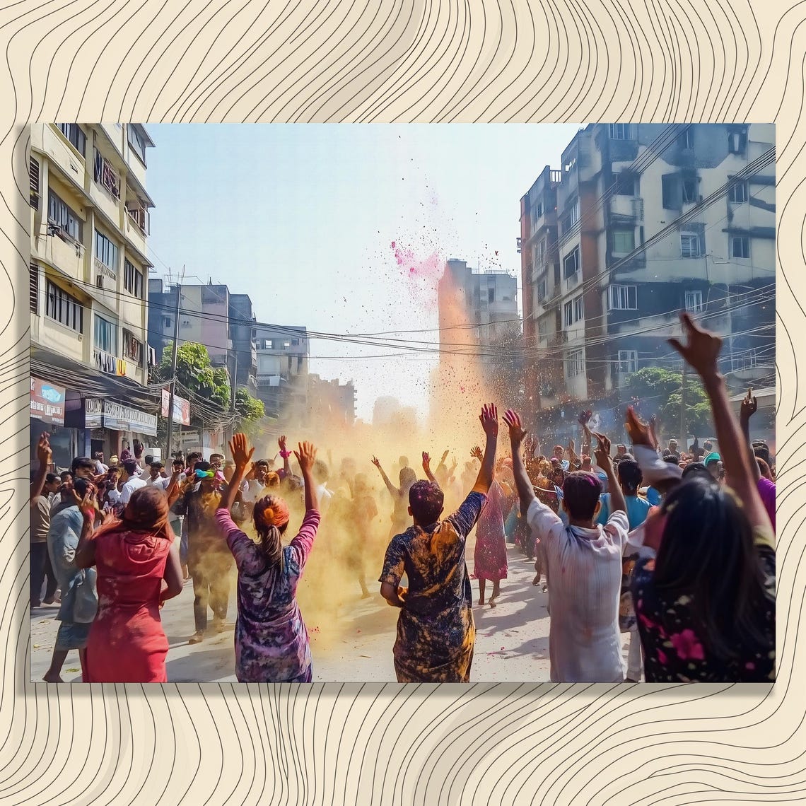 Holi Festival Canvas Wall Art Vibrant Color Powder Street Photography Print Celebration Urban Crowd Photo Colorful Decor
