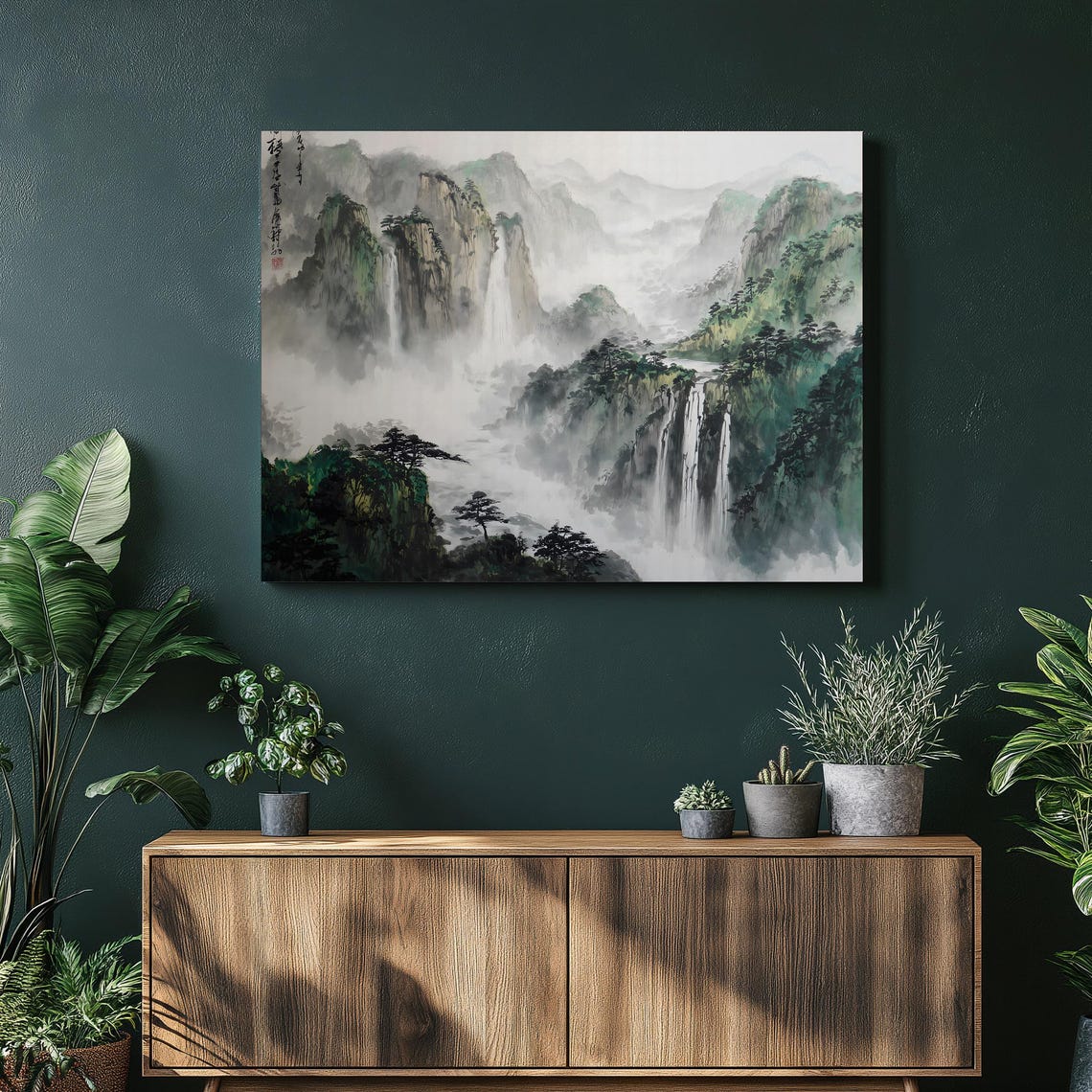 Chinese Ink Wash Misty Mountain Waterfall Asian Landscape Poster