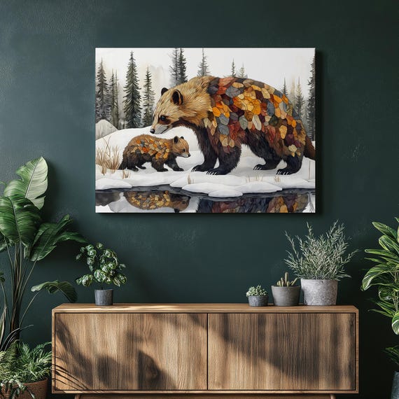 Wolverine Family Canvas Wall Art Winter Forest Wildlife Scene With Water Reflection Rustic Lodge Decor Snowy Landscape Animal Print