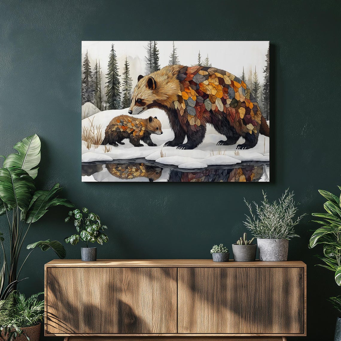Wolverine Mother Pup Snowy Forest Water Reflection Wildlife Art Poster