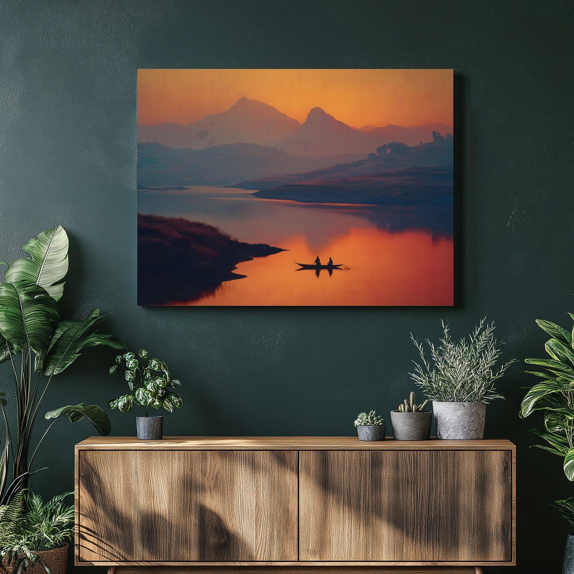 Orange Sunset Canoe with Two Fishermen on Mountain Lake Art Poster