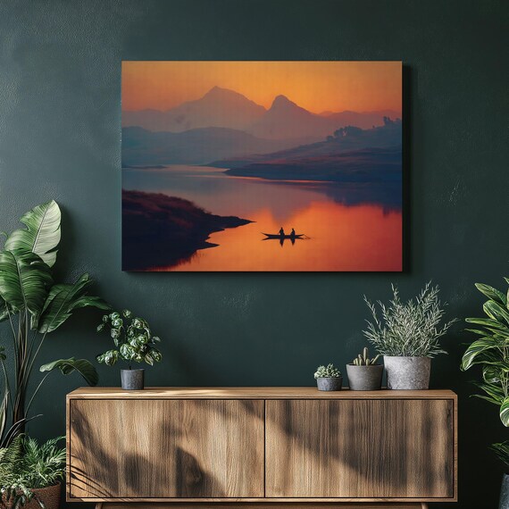 Orange Sunset Canoe with Two Fishermen on Mountain Lake Art Poster