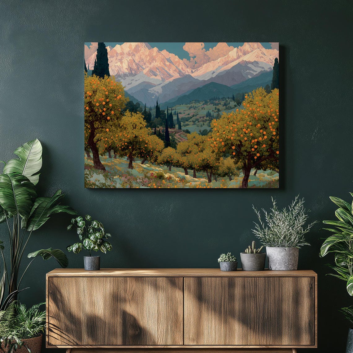 Orange Grove Citrus Orchard Mountain Landscape Canvas Poster