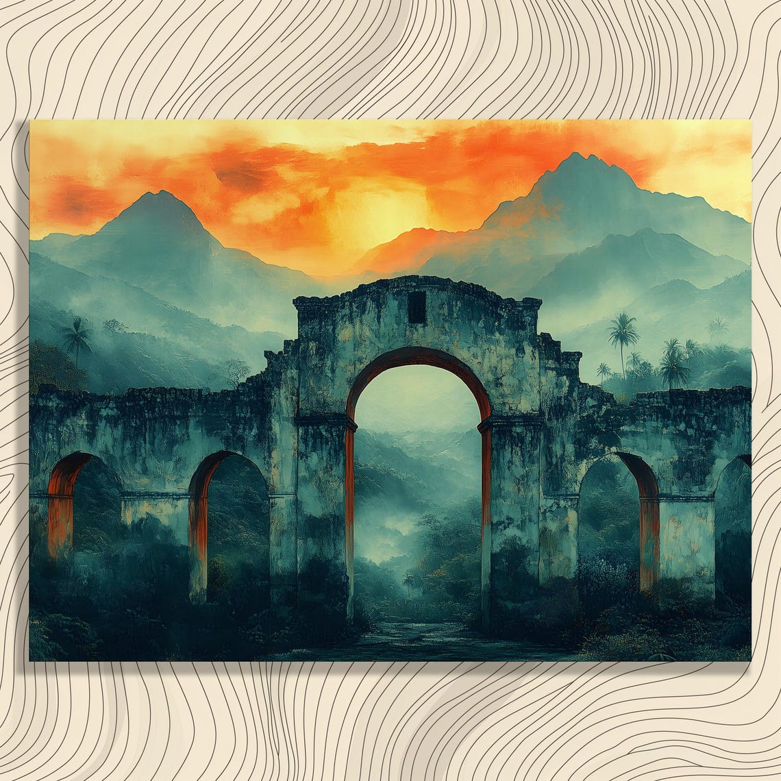 Ancient Roman Ruins Sunset Painting With Aqueduct And Mountains Poster