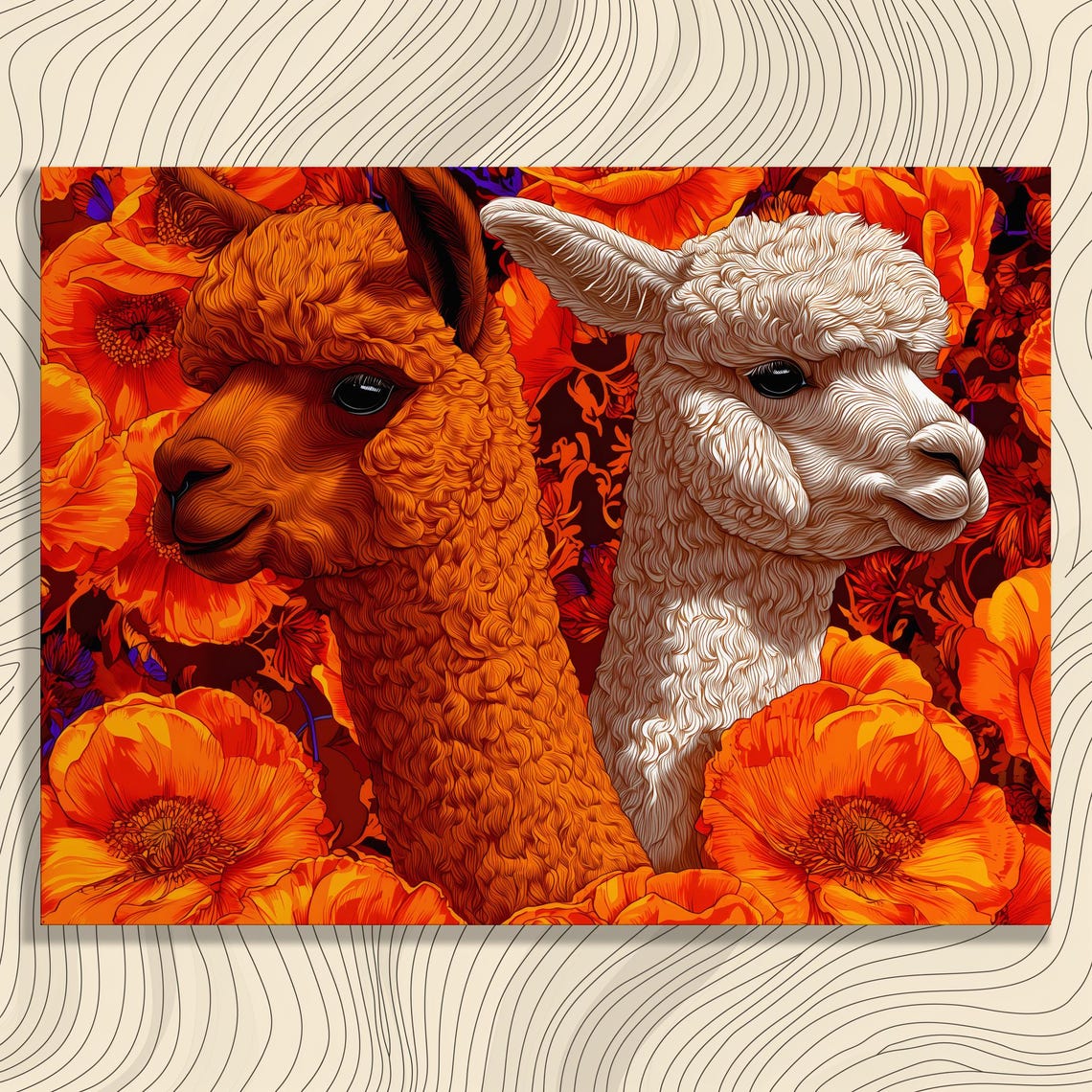 Colorful Alpaca Pair Among Orange Poppies Vibrant Animal Poster