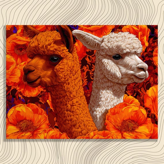 Alpaca Poppy Floral Canvas Wall Art Colorful Modern Animal Portraiture Botanical Print Wildlife Illustrated Garden Style Decor