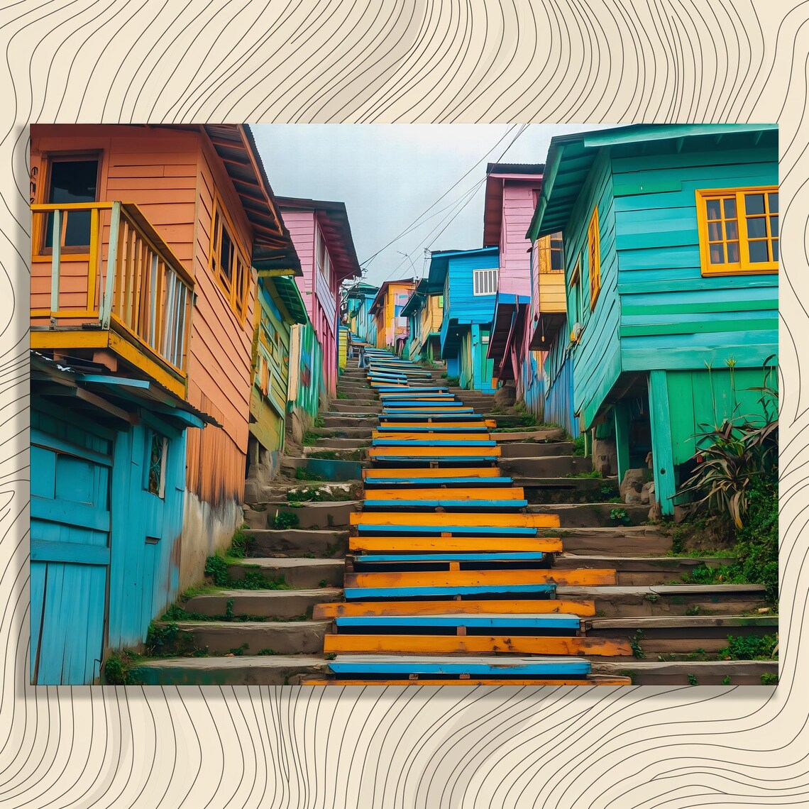 Colorful Painted Stairs Street Wooden Houses Vibrant Travel Wall Art