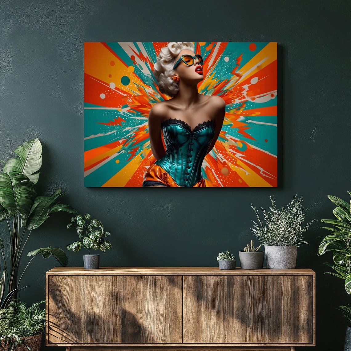 Pop Art Pin-Up Woman Teal Corset Sunglasses Retro Sunburst Poster