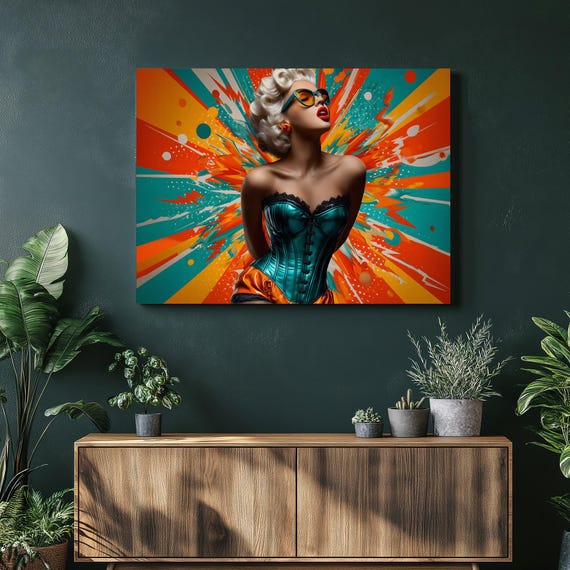 Colorful Pinup Canvas Wall Art Retro Glamour Print Pop Style Vibrant Teal Orange Fashion Artwork Modern Illustration