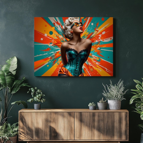 Pop Art Pin-Up Woman Teal Corset Sunglasses Retro Sunburst Poster