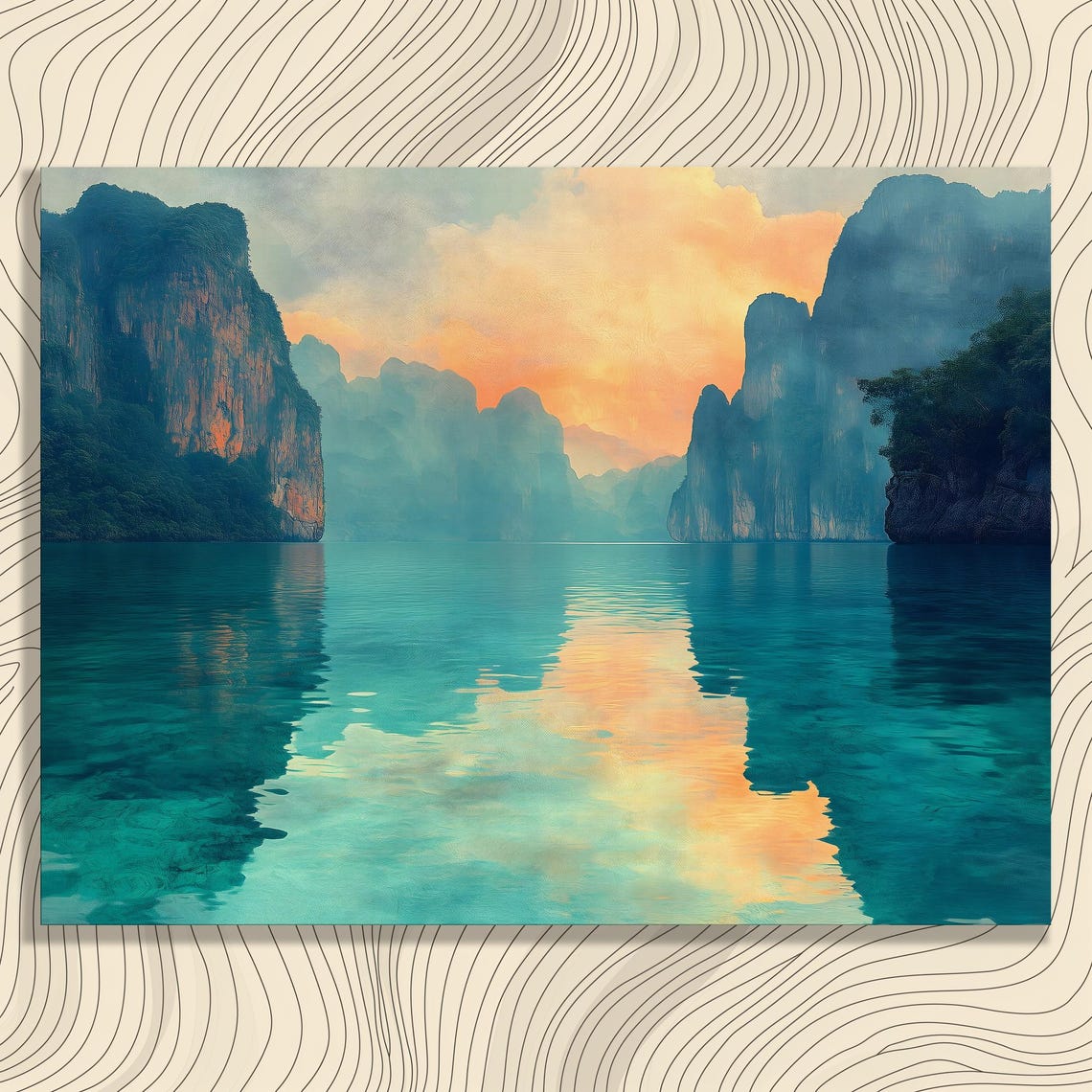 Limestone Cliffs Turquoise Sea Sunset Reflections Tropical Art Poster