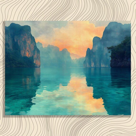 Limestone Cliffs Turquoise Sea Sunset Reflections Tropical Art Poster