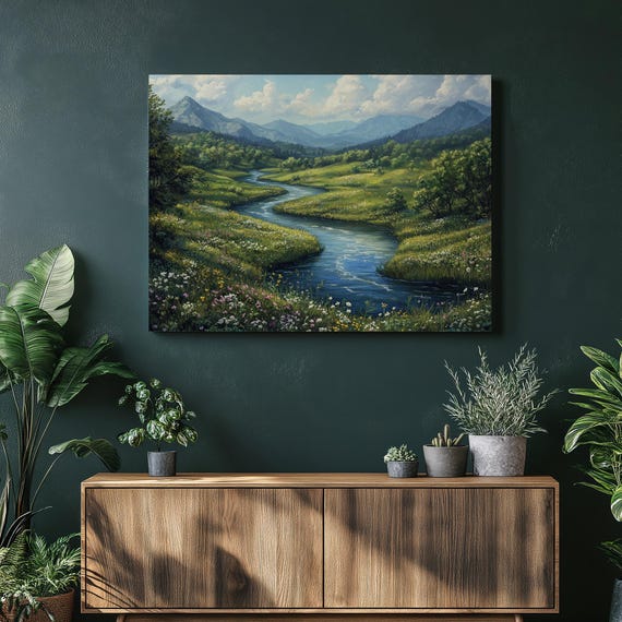 River Valley Canvas Wall Art Nature Landscape Relaxing Home Decor Peaceful Print Tranquil Scenery Artwork Lush Greenery