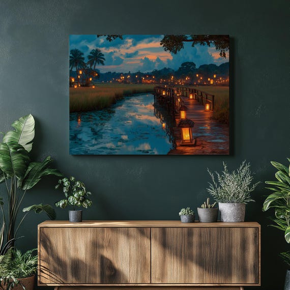 Tropical Sunset Bridge Canvas Wall Art Lantern Walkway Over Reflective Pond In Rice Paddies With Palm Trees Dusk Landscape Print