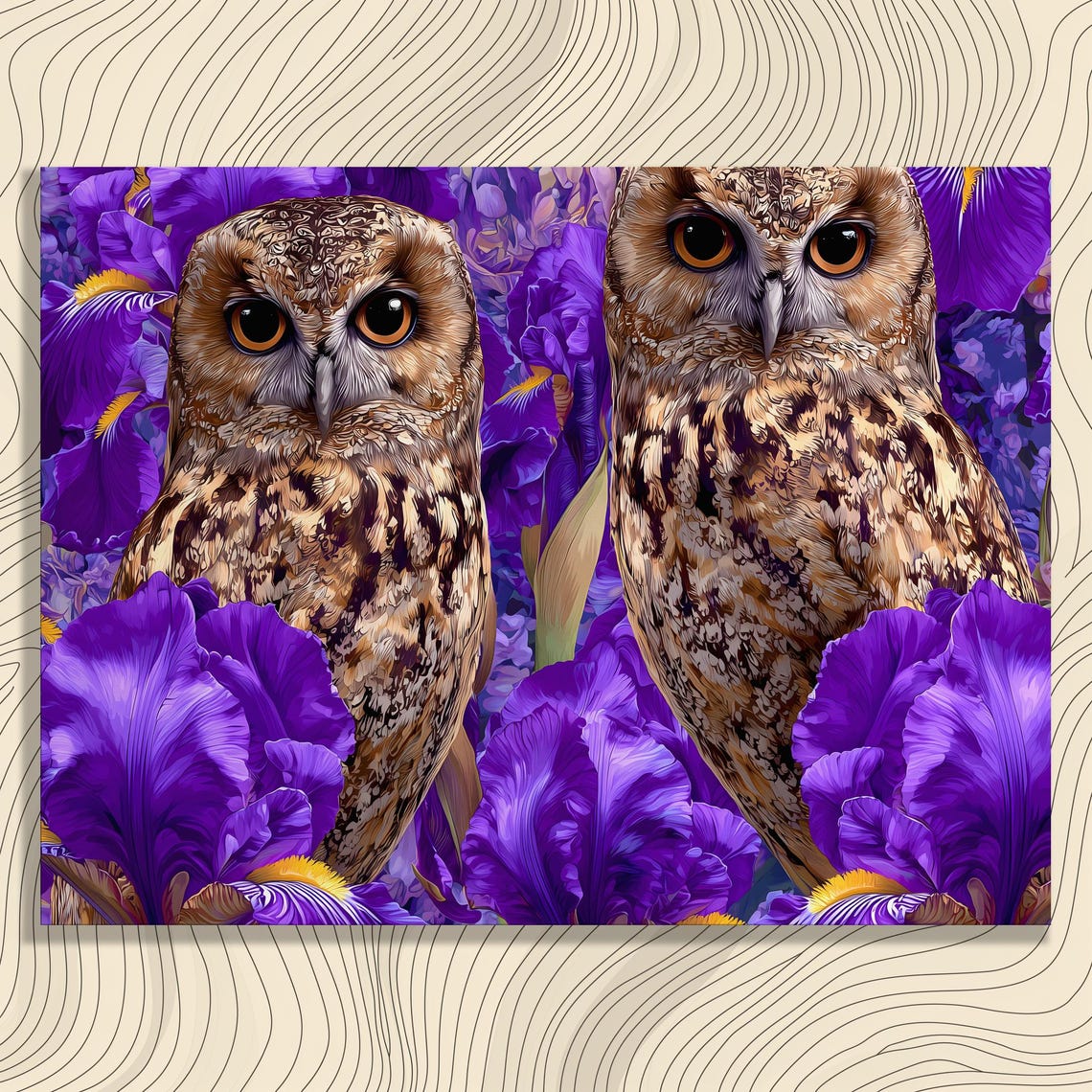 Two Owls Among Purple Iris Flowers Colorful Botanical Bird Poster