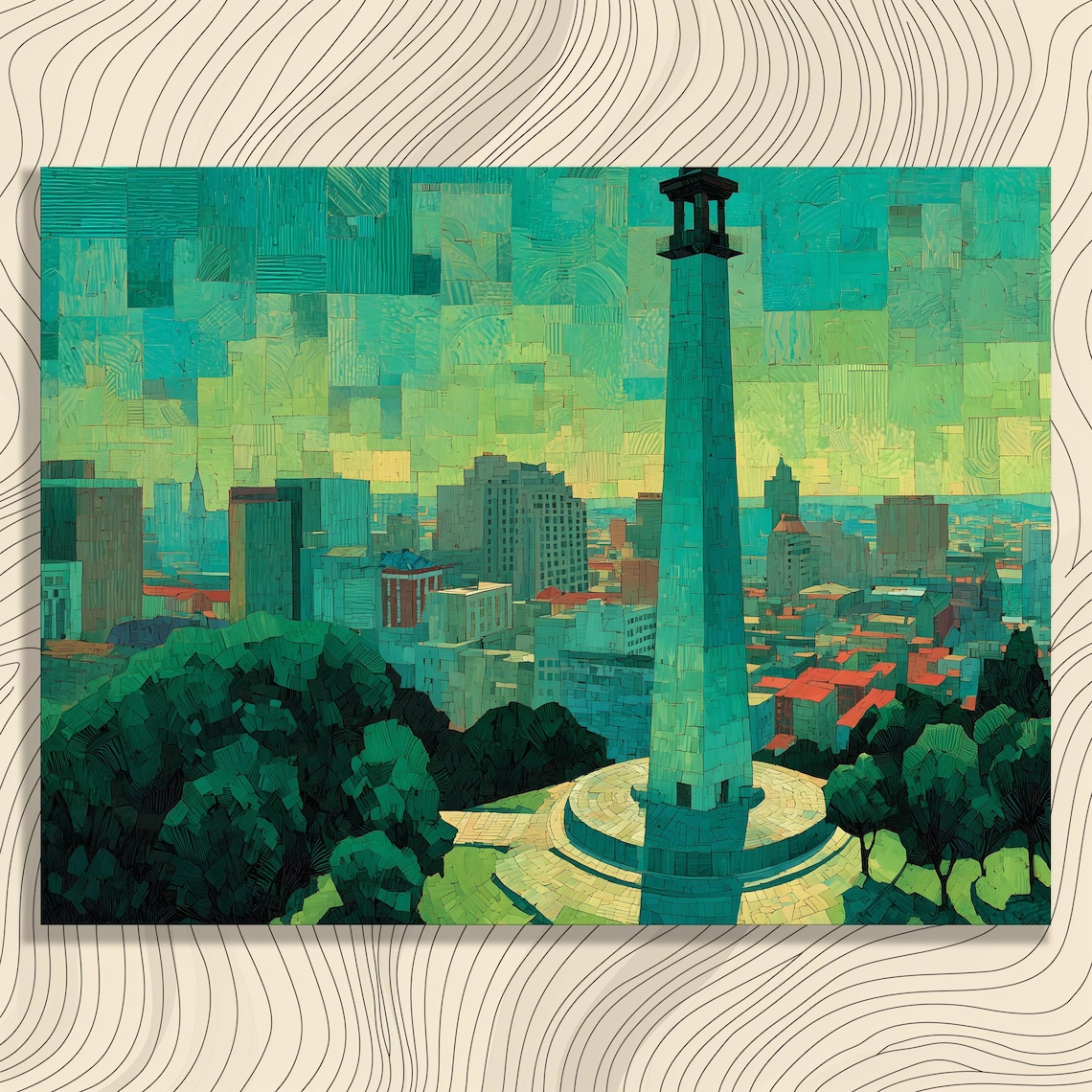 Mosaic Cityscape Teal Green Tower Cubist Urban Collage Wall Art