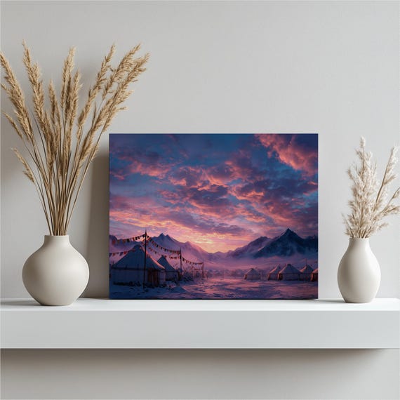 Mountain Sunrise Canvas Wall Art Snow Peaks Winter Campsite With Prayer Flags Photoreal Colorful Sky Tents Adventure Travel Nature Print