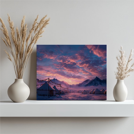 Sunrise Over Snowy Mountain Camp With Tents Landscape Poster