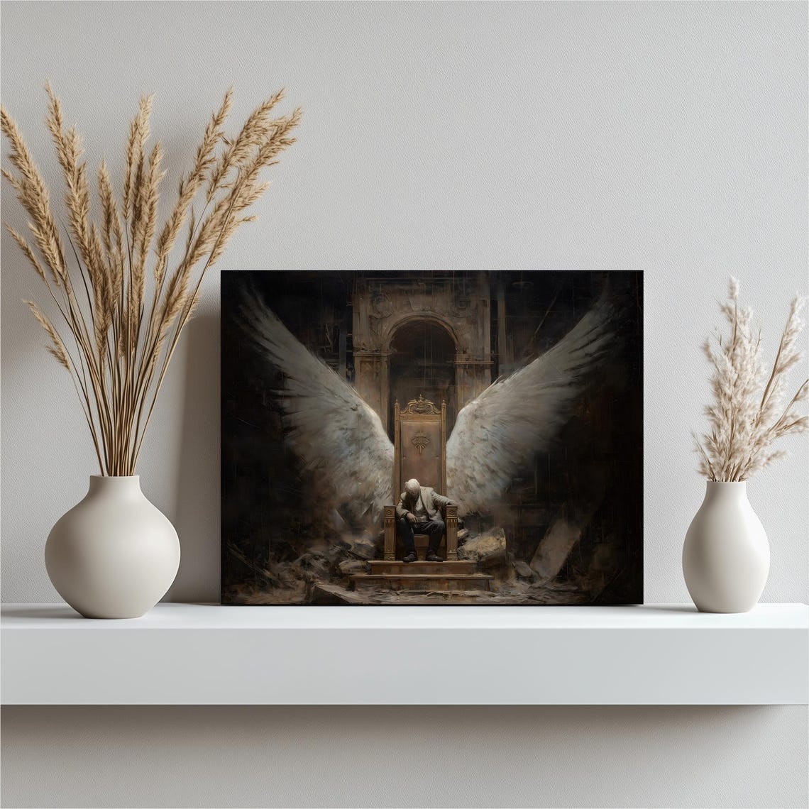 Fallen Angel On Broken Throne Dark Gothic Fantasy Wings Art Poster