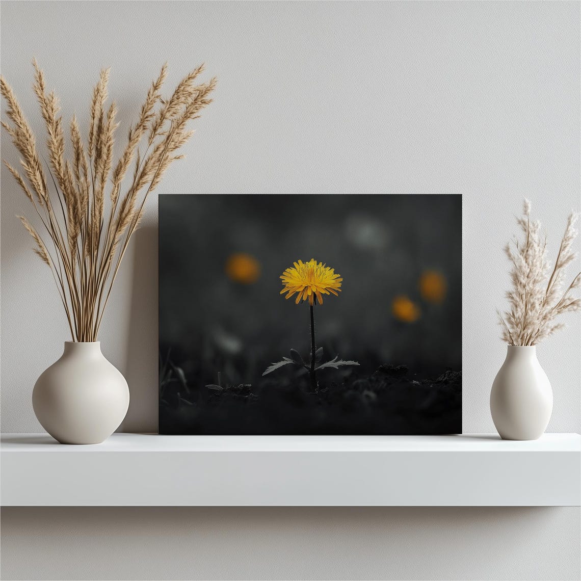 Bright Yellow Dandelion On Dark Background Minimalist Photo Print