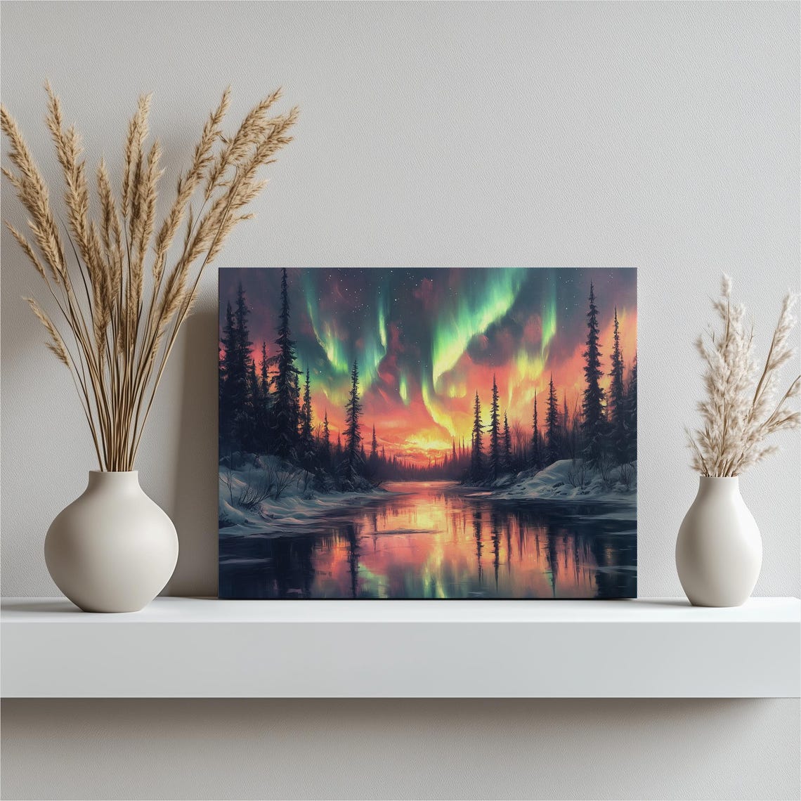 Aurora Borealis Northern Lights Snowy River Pines Canvas Wall Art