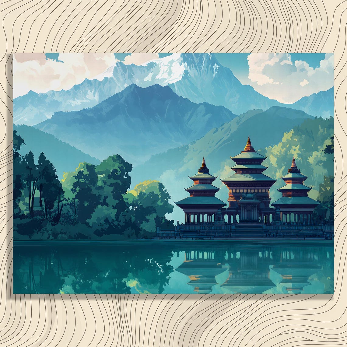 Buddhist Temple Lake Canvas Wall Art Mountain Mountains Painting Landscape Prints Nature Reflection Decor Gift