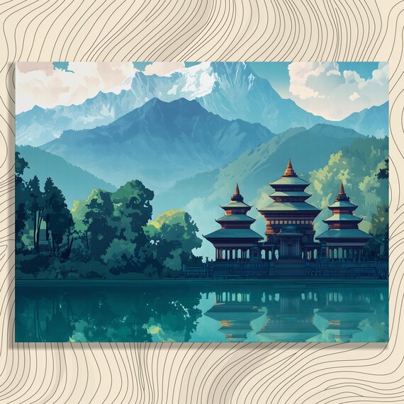 Buddhist Temple Lake Canvas Wall Art Mountain Mountains Painting Landscape Prints Nature Reflection Decor Gift