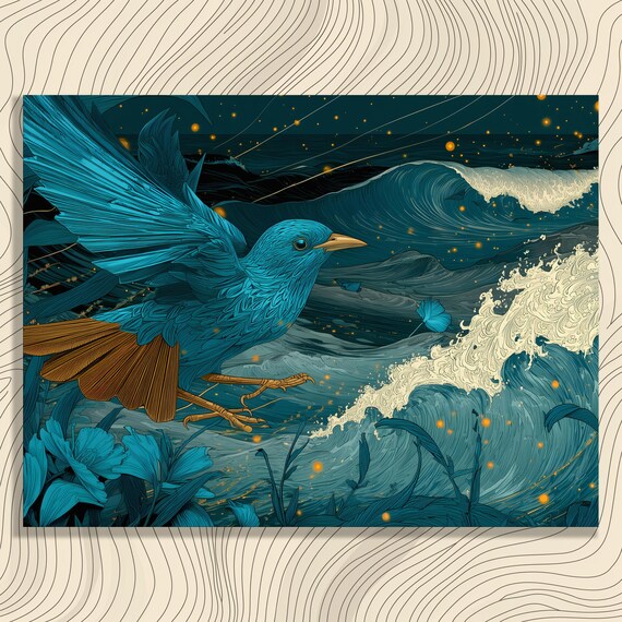 Blue Bird Ocean Canvas Wall Art Coastal Tropical Fireflies By Starry Night Sky Crescent Moon Above Sea Foam Over Waves