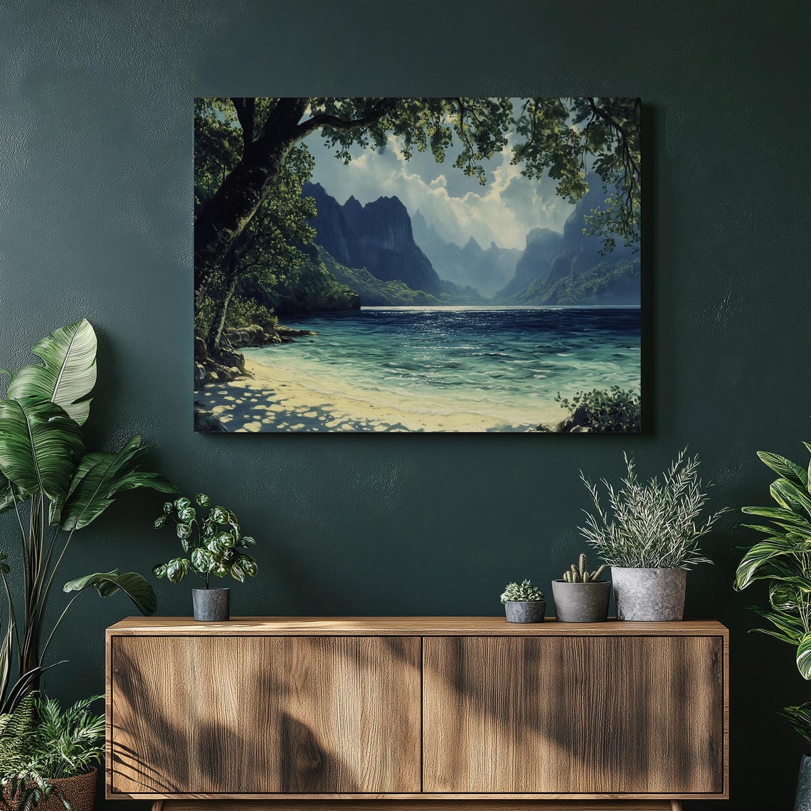 Tropical Lagoon Turquoise Water Jungle Mountains Beach Art Poster