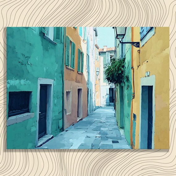 Colorful Alleyway Canvas Wall Art Urban Architecture Print Oil Painting Landscape City View Festive Lantern Decor Charming Cityscape