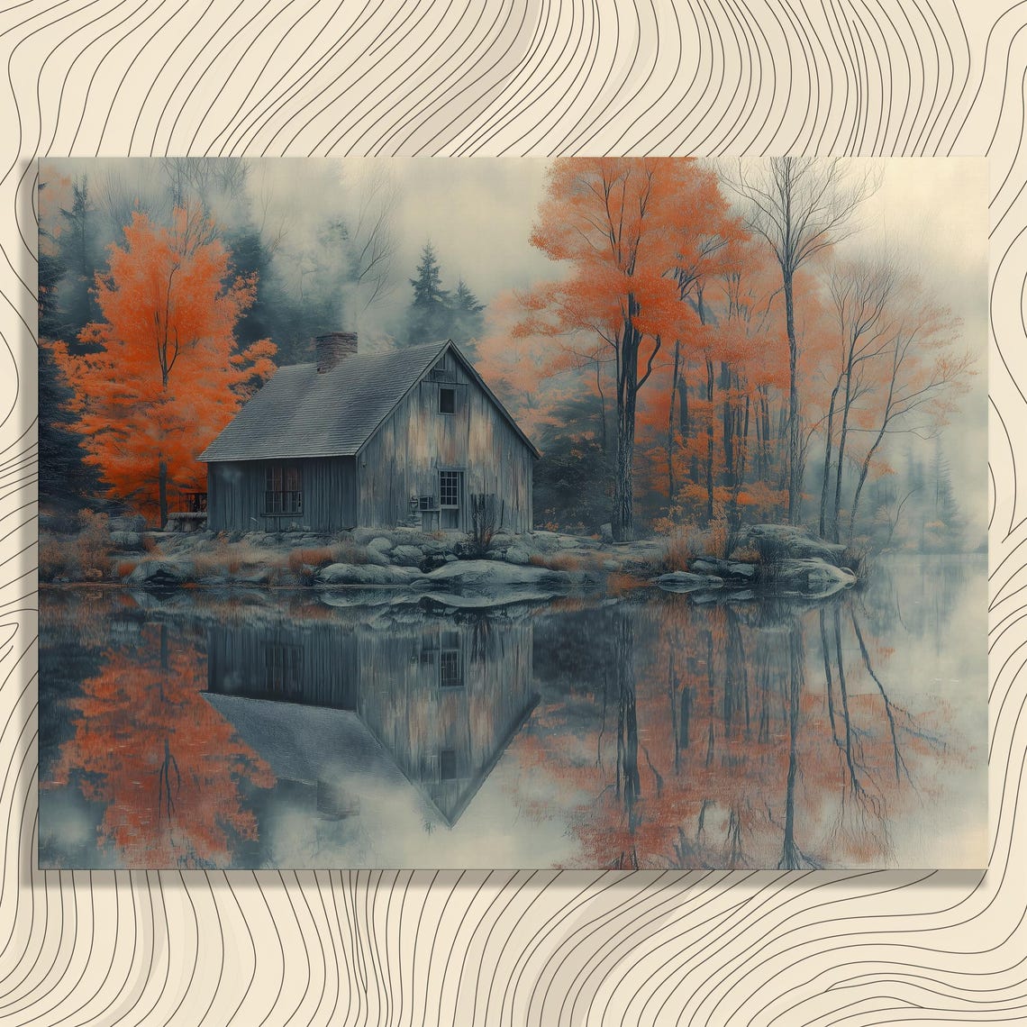 Autumn Forest Cabin By Misty Lake Poster Rustic Maple Reflection Nature Art