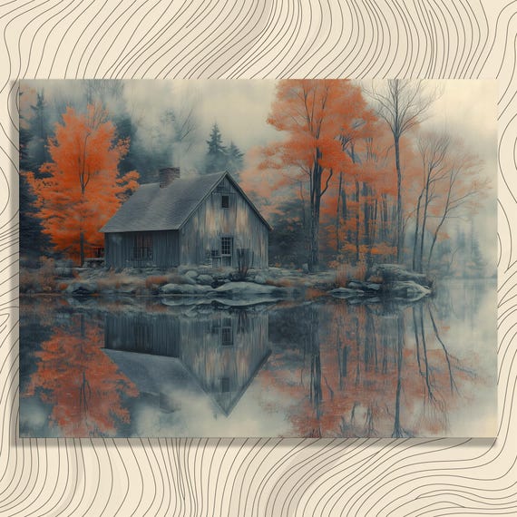 Autumn Forest Cabin By Misty Lake Poster Rustic Maple Reflection Nature Art