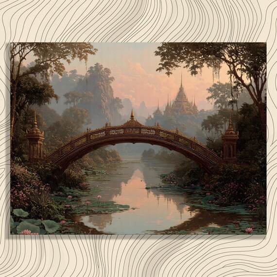 Thailand Temple Canvas Wall Art Golden Bridge Landscape Print With Pond Exotic Asian Decor Tropical Scenery Zen Artwork