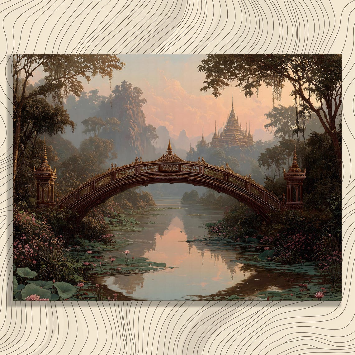Thailand Temple Canvas Wall Art Golden Bridge Landscape Print With Pond Exotic Asian Decor Tropical Scenery Zen Artwork