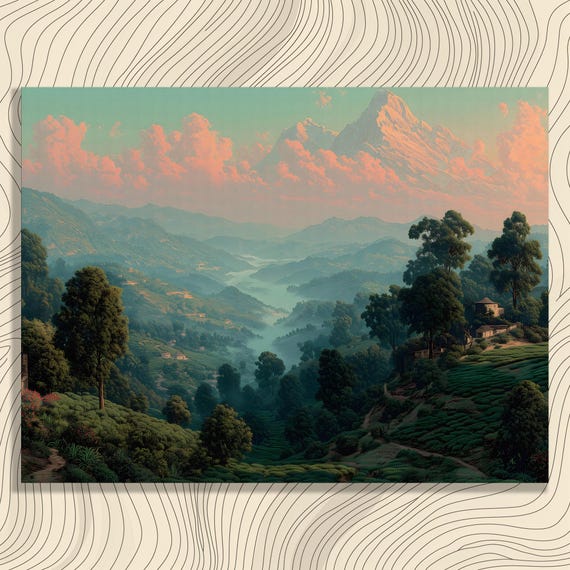Serene Mountain Valley Canvas Wall Art Sunrise Tea Plantation Landscape Print