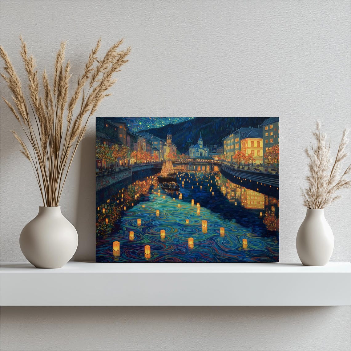Vibrant Lantern River Night Town Festival Lights Canvas Art Print