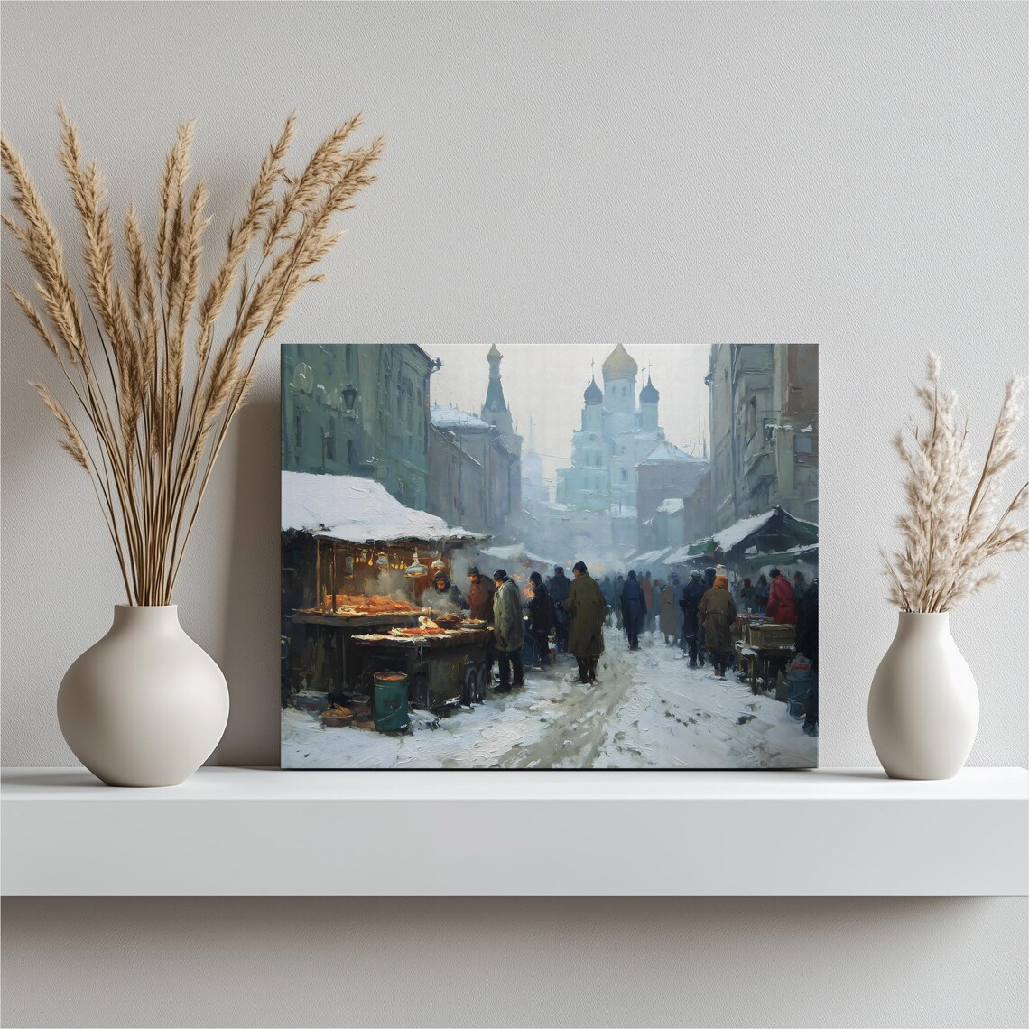 Snowy Winter Market Oil Painting Poster Old European Street Scene Art