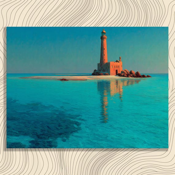 Lighthouse Coastal Canvas Wall Art Colorful Nautical Seascape Turquoise Water Reflections Island Beacon Tranquil Horizon Ocean Print