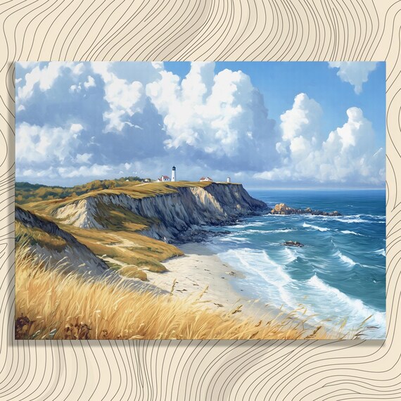 Coastal Lighthouse Ocean Cliffs Seascape Golden Grass Canvas Print