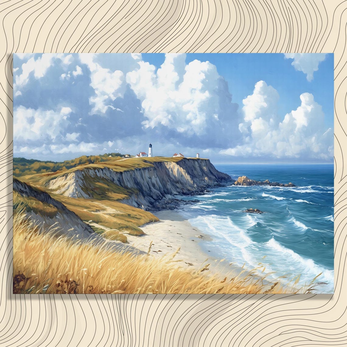 Coastal Lighthouse Ocean Cliffs Seascape Golden Grass Canvas Print
