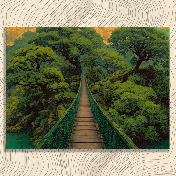 Jungle Bridge Canvas Wall Art Colorful Tropical Canopy Path With Rope Footbridge Lush Green Nature Decor Forest Landscape Print