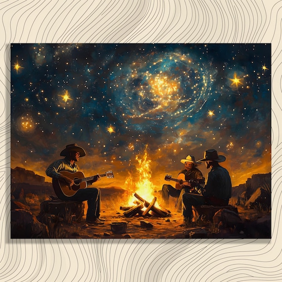 Cowboys Campfire Guitars Starry Desert Night Country Music Poster