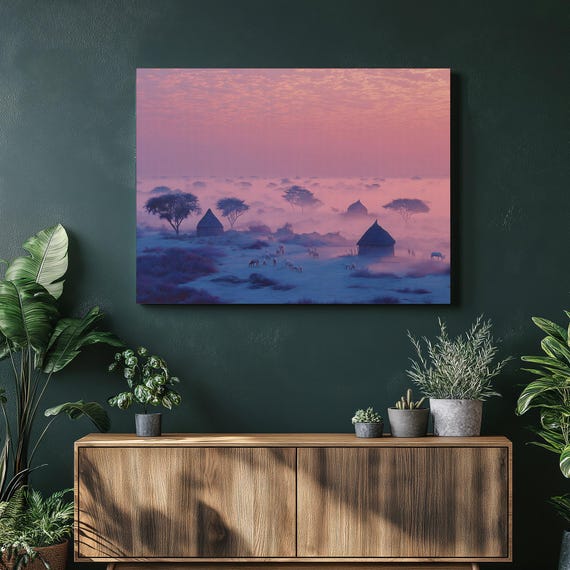 Misty African Savanna Canvas Wall Art Sunrise Pastoral Landscape Painting Print Village Huts Acacia Trees Rustic Wildlife Decor Gift