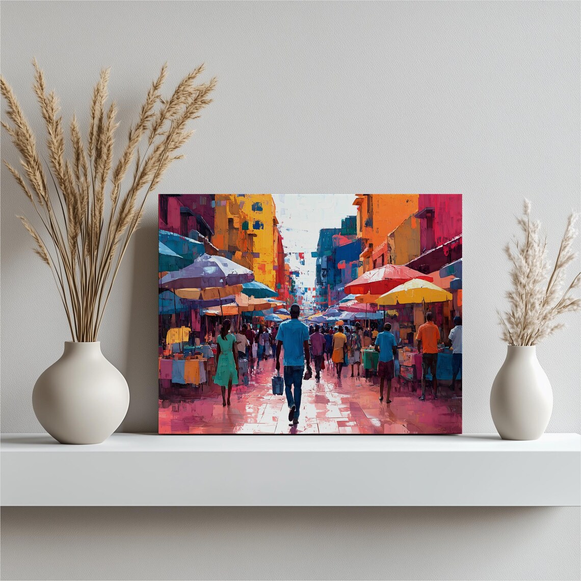 Vibrant Street Market Canvas Wall Art Lively Urban Bazaar Painting With Colorful Umbrellas And Pedestrians City Walkway Scene Home Decor
